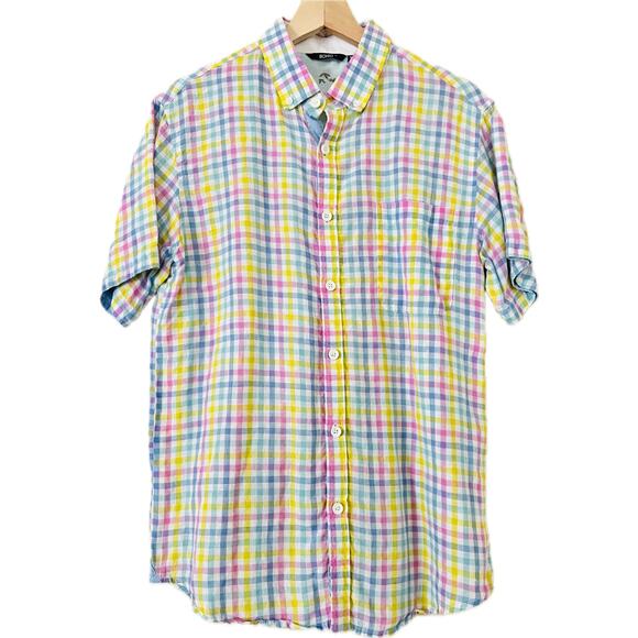 Bohio Linen Men's Printed Button-Up Shirt Top Plaid Primary Pink Blue Yellow M - Picture 1 of 4